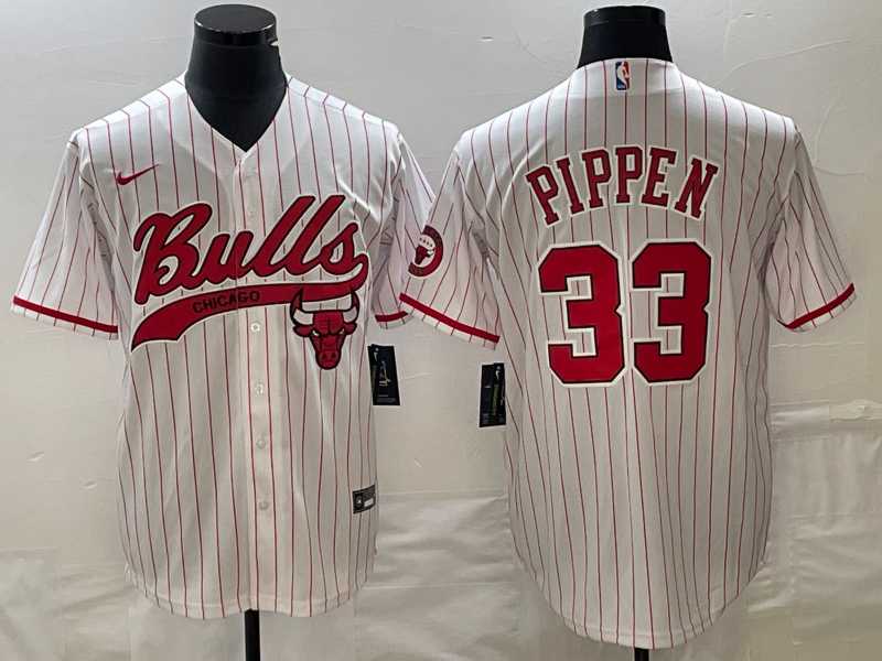 Men%27s Chicago Bulls #33 Scottie Pippen White Pinstripe Cool Base Stitched Baseball Jersey->chicago bulls->NBA Jersey